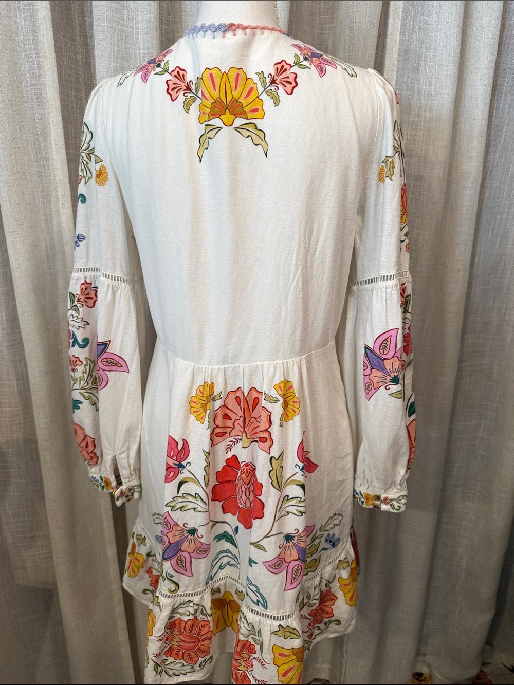 FARM Rio Floral Mini Dress Boho Long Sleeve Tassel Tie Size Small - Picture 6 of 16